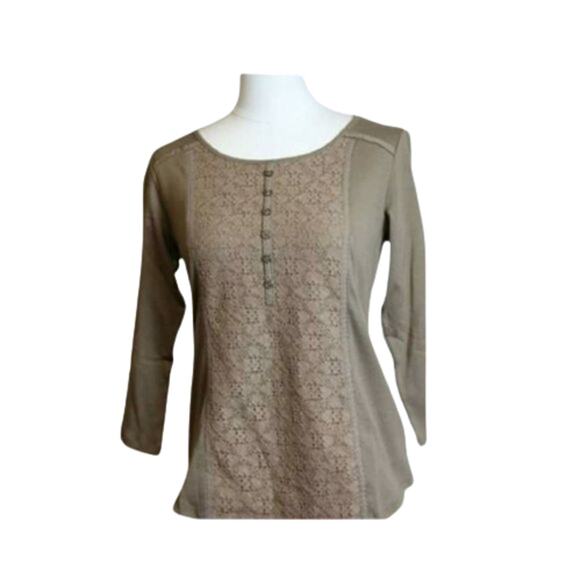 2 For $5 Sale NWT Karen Scott Brown Eyelet Lace Henley Top XS - Picture 8 of 9